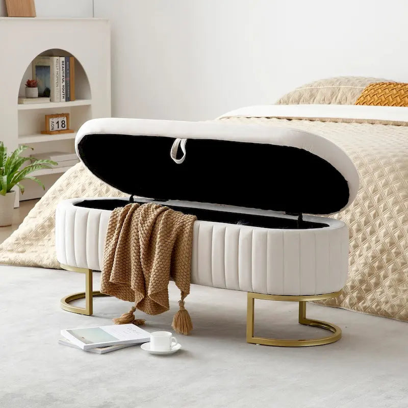 Banc de rangement de chambre, banc de pied de lit ovale rembourré en velours avec pieds en métal doré, banc ottoman de rangement 50