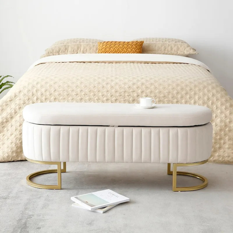 Banc de rangement de chambre, banc de pied de lit ovale rembourré en velours avec pieds en métal doré, banc ottoman de rangement 50