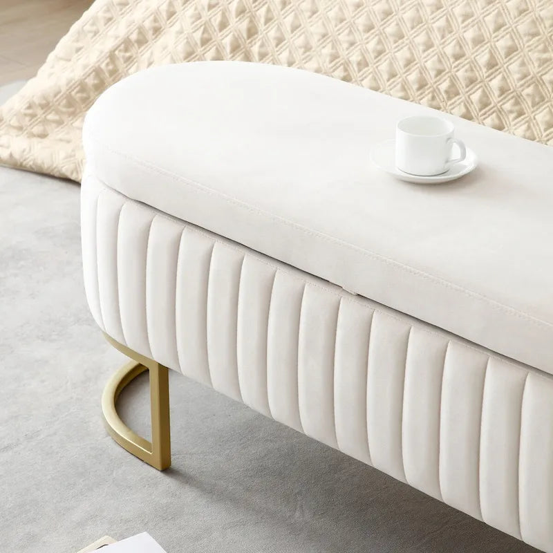 Banc de rangement de chambre, banc de pied de lit ovale rembourré en velours avec pieds en métal doré, banc ottoman de rangement 50