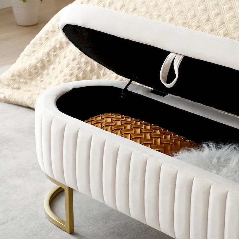 Banc de rangement de chambre, banc de pied de lit ovale rembourré en velours avec pieds en métal doré, banc ottoman de rangement 50