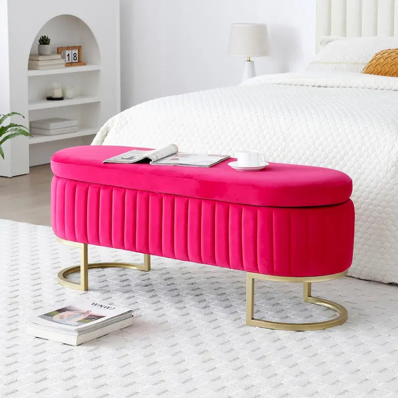 Banc de rangement de chambre, banc de pied de lit ovale rembourré en velours avec pieds en métal doré, banc ottoman de rangement 50