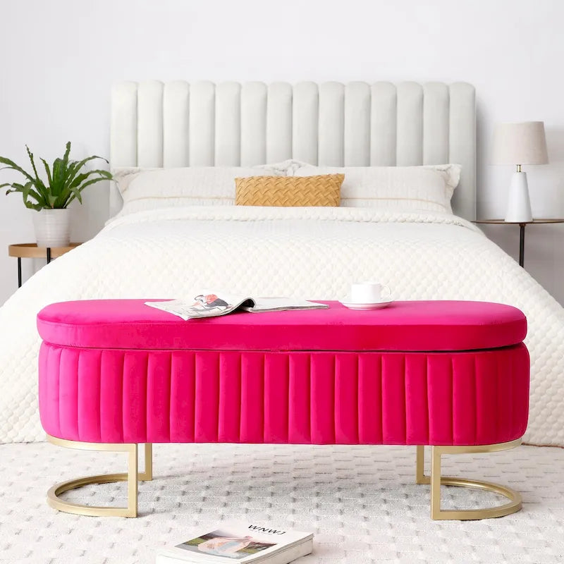 Banc de rangement de chambre, banc de pied de lit ovale rembourré en velours avec pieds en métal doré, banc ottoman de rangement 50