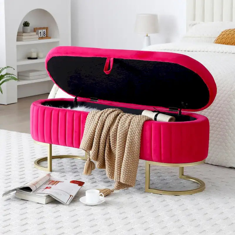 Banc de rangement de chambre, banc de pied de lit ovale rembourré en velours avec pieds en métal doré, banc ottoman de rangement 50