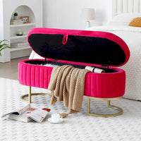 Banc de rangement pour chambre à coucher, banc capitonné ovale en velours pour bout de lit avec pieds en métal doré, banc ottoman de rangement 50