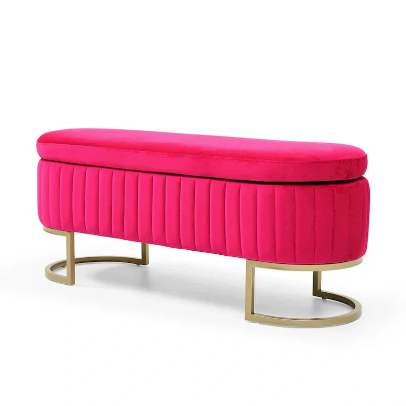 Banc de rangement de chambre, banc de pied de lit ovale rembourré en velours avec pieds en métal doré, banc ottoman de rangement 50