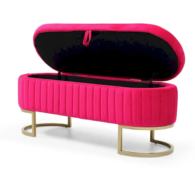 Banc de rangement de chambre, banc de pied de lit ovale rembourré en velours avec pieds en métal doré, banc ottoman de rangement 50