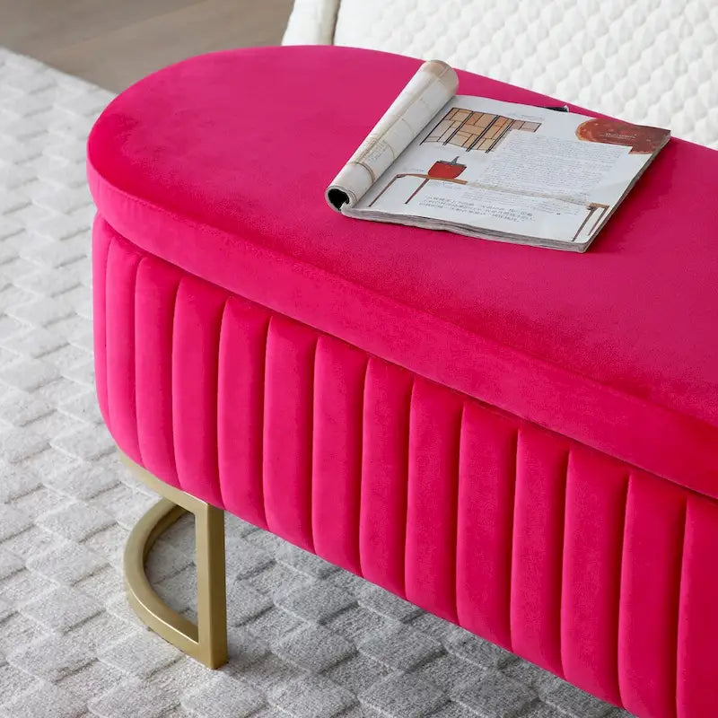 Banc de rangement de chambre, banc de pied de lit ovale rembourré en velours avec pieds en métal doré, banc ottoman de rangement 50