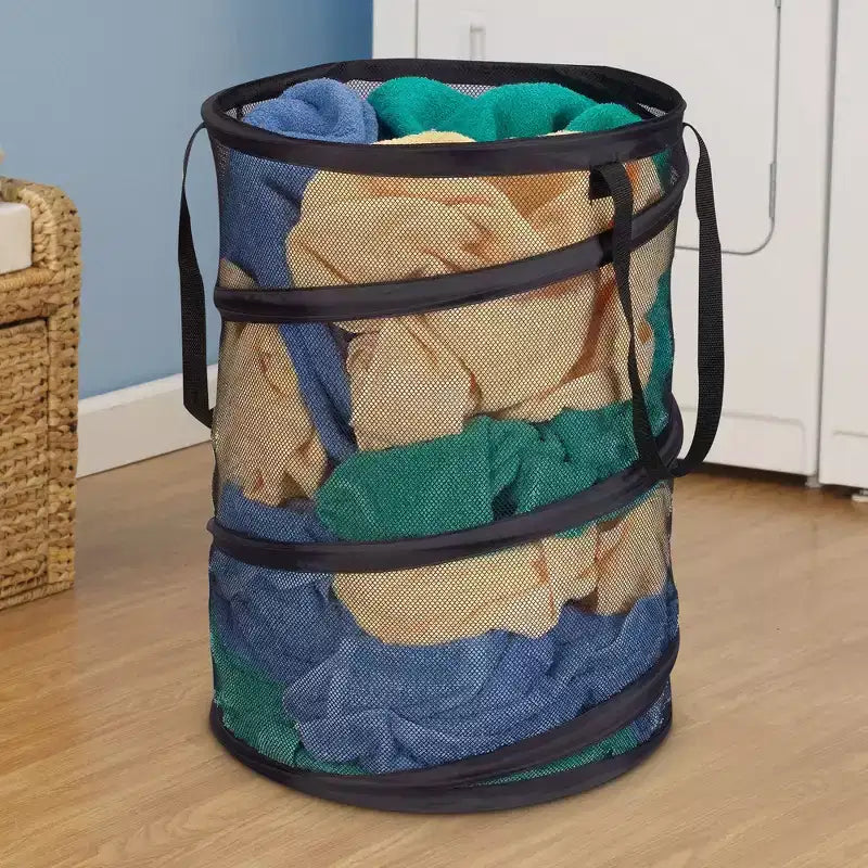 Panier à linge escamotable en maille, cadre en acier à ressort, doublure en maille pour circulation d'air, grande capacité, installation facile, rangement compact