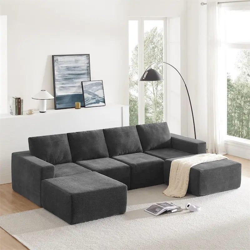 Canapé Sectionnel Modulable en Forme de U, Ensemble Canapé de Sol de Luxe en Chenille