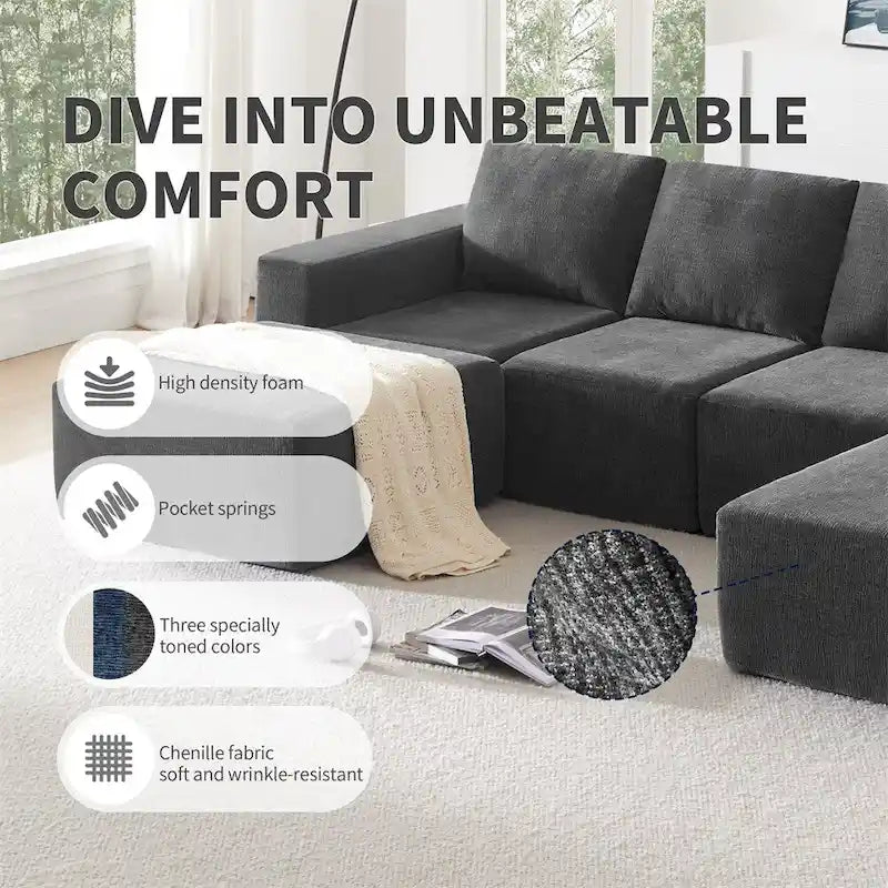 Canapé Sectionnel Modulable en Forme de U, Ensemble Canapé de Sol de Luxe en Chenille
