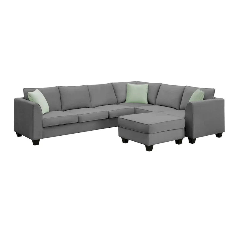 Canapé Sectionnel Modulable 7 Places Forme L 112 pouces avec Pouf et Trois Coussins - 112L x 87P x 33H pouces