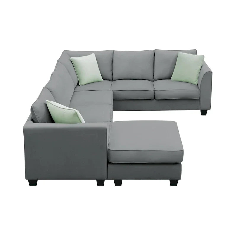 Canapé Sectionnel Modulable 7 Places Forme L 112 pouces avec Pouf et Trois Coussins - 112L x 87P x 33H pouces