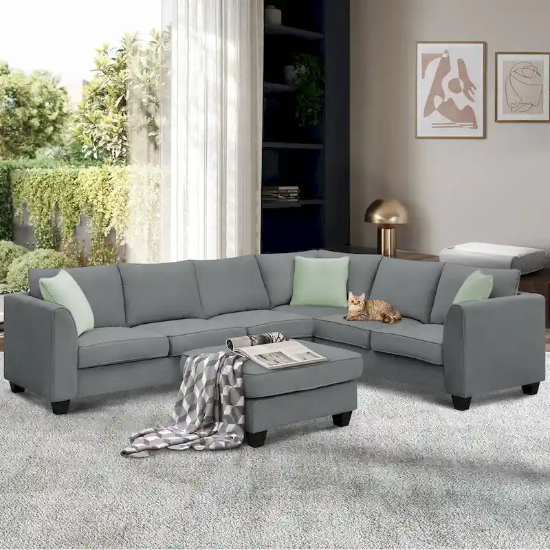 Canapé Sectionnel Modulable 7 Places Forme L 112 pouces avec Pouf et Trois Coussins - 112L x 87P x 33H pouces
