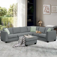 Canapé Sectionnel Modulable 7 Places Forme L 112 pouces avec Pouf et Trois Coussins - 112L x 87P x 33H pouces