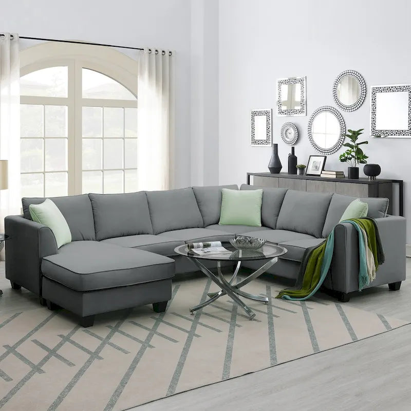 Canapé Sectionnel Modulable 7 Places Forme L 112 pouces avec Pouf et Trois Coussins - 112L x 87P x 33H pouces