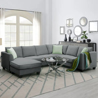 Canapé Sectionnel Modulable 7 Places Forme L 112 pouces avec Pouf et Trois Coussins - 112L x 87P x 33H pouces