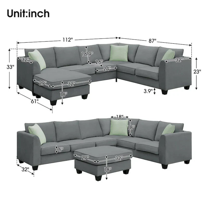 Canapé Sectionnel Modulable 7 Places Forme L 112 pouces avec Pouf et Trois Coussins - 112L x 87P x 33H pouces