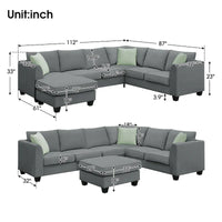 Canapé Sectionnel Modulable 7 Places Forme L 112 pouces avec Pouf et Trois Coussins - 112L x 87P x 33H pouces