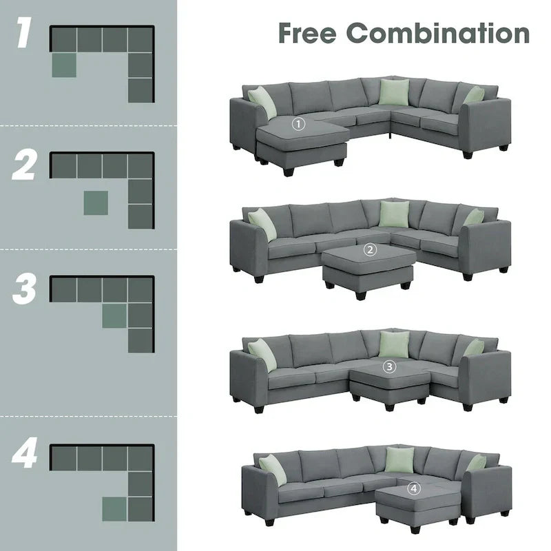 Canapé Sectionnel Modulable 7 Places Forme L 112 pouces avec Pouf et Trois Coussins - 112L x 87P x 33H pouces