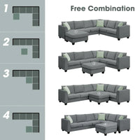 Canapé Sectionnel Modulable 7 Places Forme L 112 pouces avec Pouf et Trois Coussins - 112L x 87P x 33H pouces