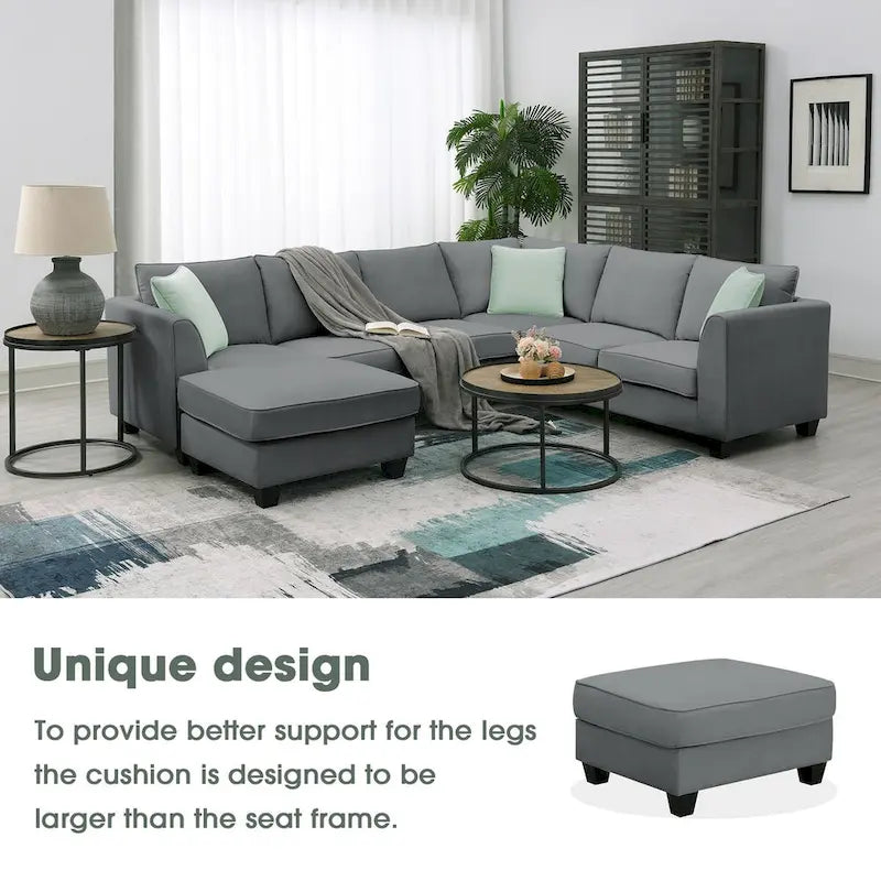 Canapé Sectionnel Modulable 7 Places Forme L 112 pouces avec Pouf et Trois Coussins - 112L x 87P x 33H pouces