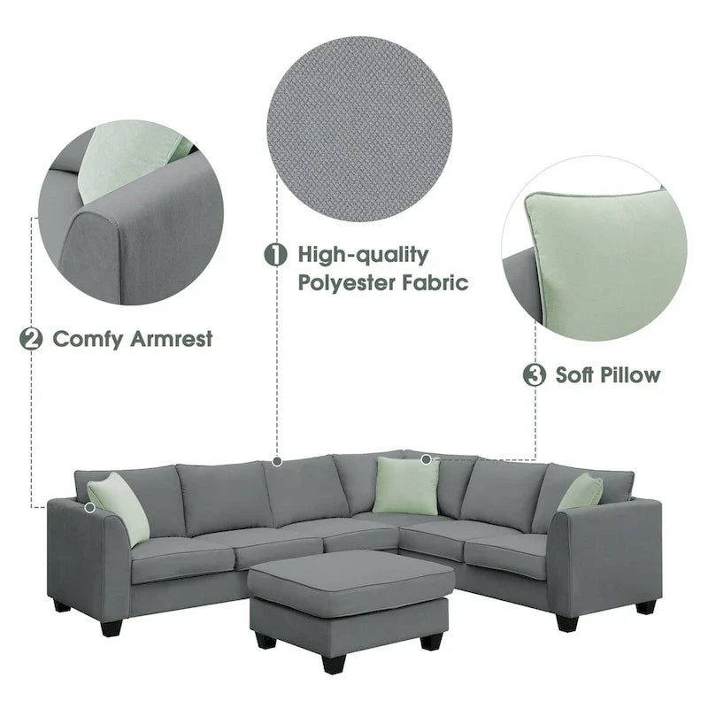 Canapé Sectionnel Modulable 7 Places Forme L 112 pouces avec Pouf et Trois Coussins - 112L x 87P x 33H pouces