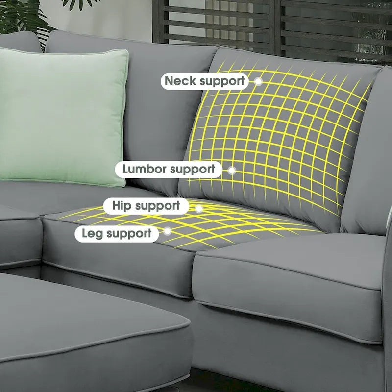Canapé Sectionnel Modulable 7 Places Forme L 112 pouces avec Pouf et Trois Coussins - 112L x 87P x 33H pouces