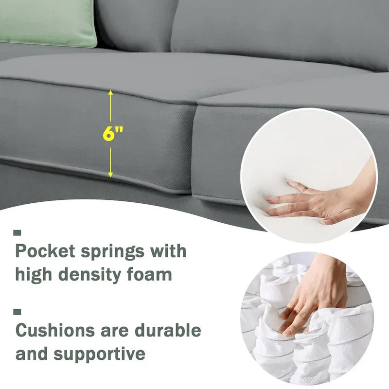 Canapé Sectionnel Modulable 7 Places Forme L 112 pouces avec Pouf et Trois Coussins - 112L x 87P x 33H pouces