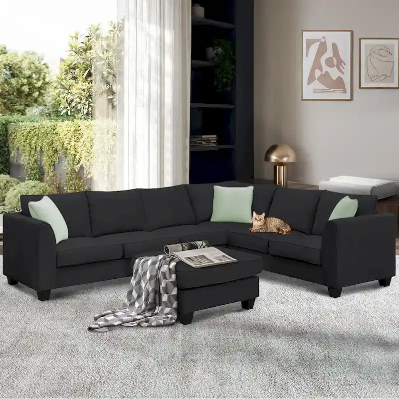 Canapé Sectionnel Modulable 7 Places Forme L 112 pouces avec Pouf et Trois Coussins - 112L x 87P x 33H pouces