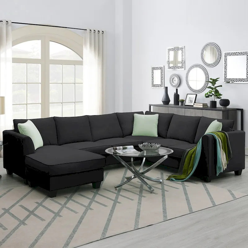 Canapé Sectionnel Modulable 7 Places Forme L 112 pouces avec Pouf et Trois Coussins - 112L x 87P x 33H pouces
