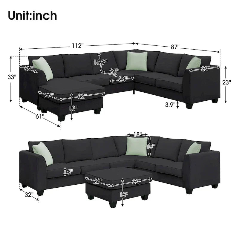 Canapé Sectionnel Modulable 7 Places Forme L 112 pouces avec Pouf et Trois Coussins - 112L x 87P x 33H pouces