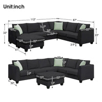 Canapé Sectionnel Modulable 7 Places Forme L 112 pouces avec Pouf et Trois Coussins - 112L x 87P x 33H pouces