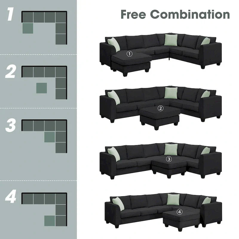 Canapé Sectionnel Modulable 7 Places Forme L 112 pouces avec Pouf et Trois Coussins - 112L x 87P x 33H pouces