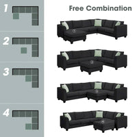 Canapé Sectionnel Modulable 7 Places Forme L 112 pouces avec Pouf et Trois Coussins - 112L x 87P x 33H pouces