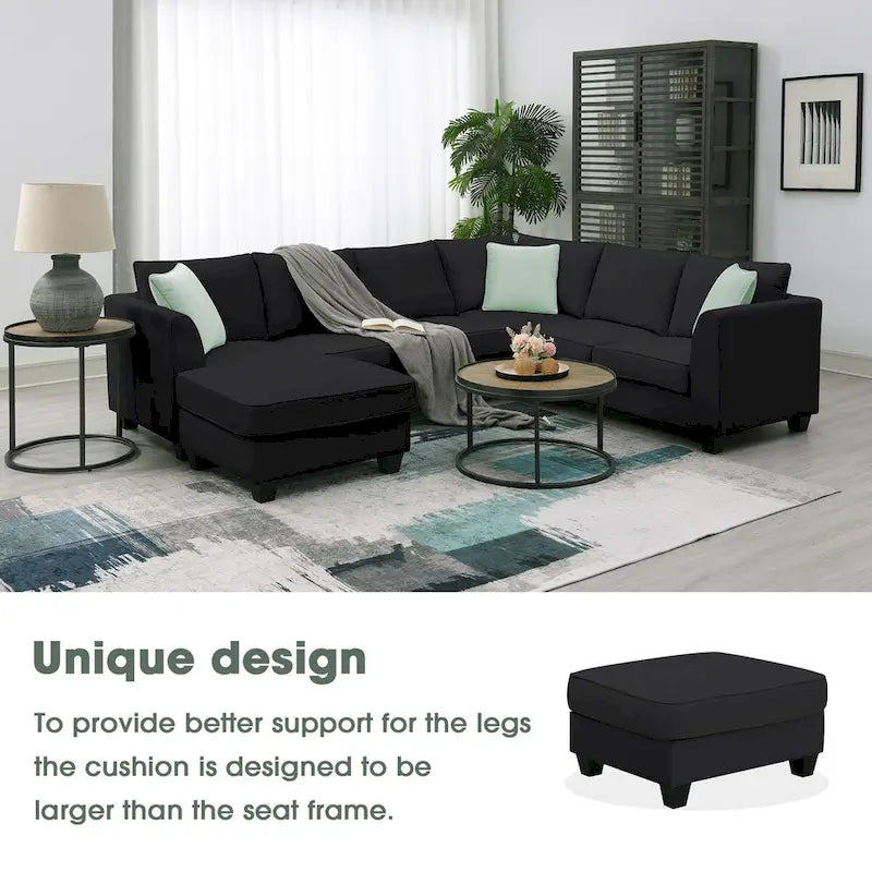 Canapé Sectionnel Modulable 7 Places Forme L 112 pouces avec Pouf et Trois Coussins - 112L x 87P x 33H pouces