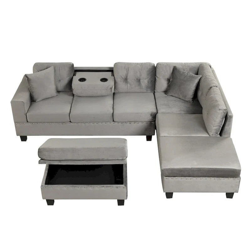 Canapé sectionnel moderne en L 104.5 pouces avec pouf de rangement et méridienne réversible - 104.5L x 74.5P x 33.5H