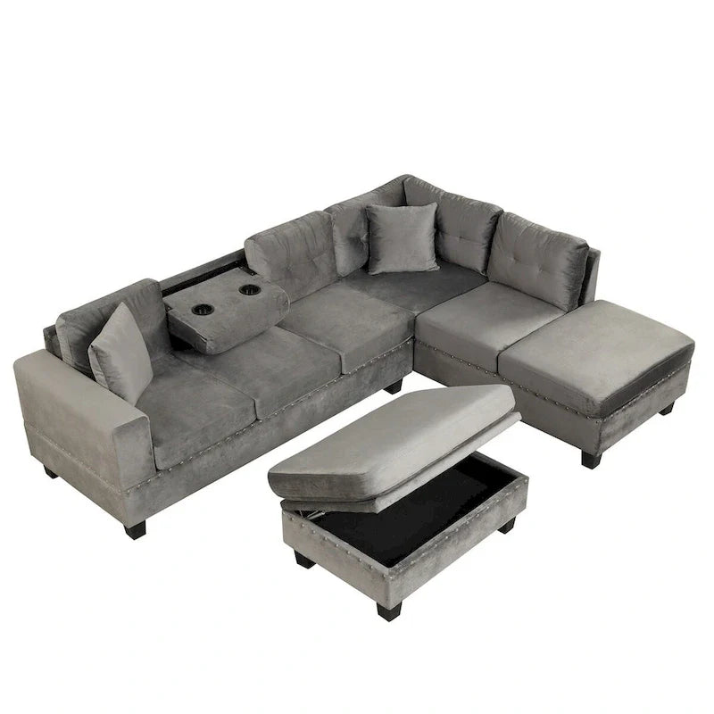 Canapé sectionnel moderne en L 104.5 pouces avec pouf de rangement et méridienne réversible - 104.5L x 74.5P x 33.5H