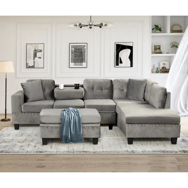 Canapé sectionnel moderne en L 104.5 pouces avec pouf de rangement et méridienne réversible - 104.5L x 74.5P x 33.5H
