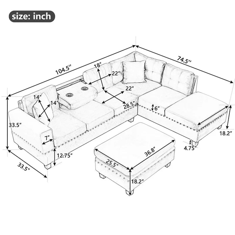 Canapé sectionnel moderne en L 104.5 pouces avec pouf de rangement et méridienne réversible - 104.5L x 74.5P x 33.5H