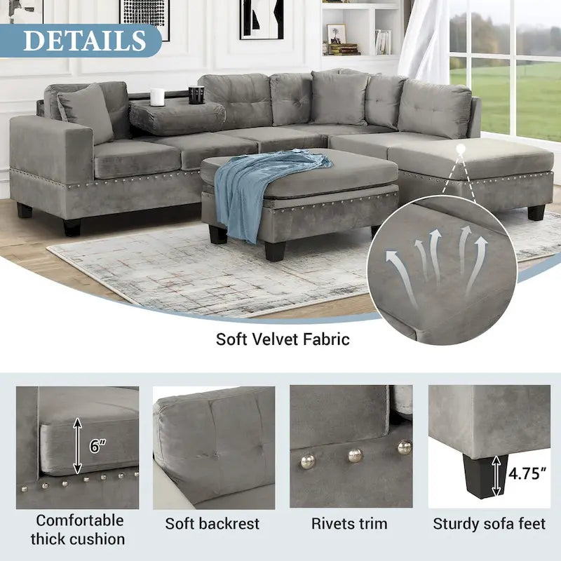 Canapé sectionnel moderne en L 104.5 pouces avec pouf de rangement et méridienne réversible - 104.5L x 74.5P x 33.5H