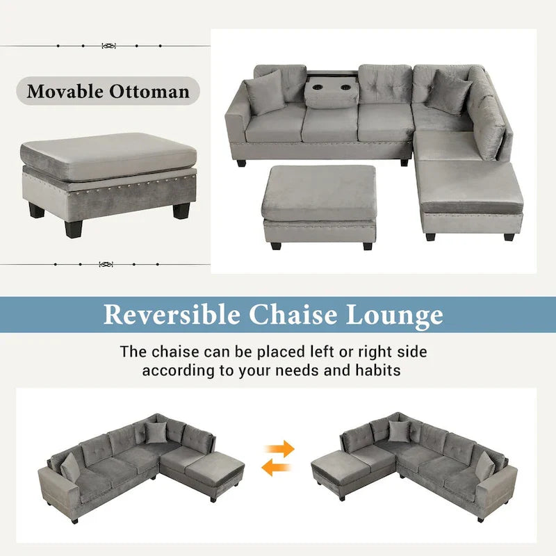Canapé sectionnel moderne en L 104.5 pouces avec pouf de rangement et méridienne réversible - 104.5L x 74.5P x 33.5H