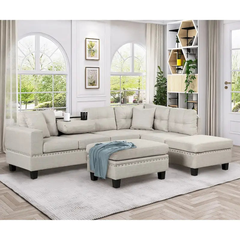 Canapé sectionnel moderne en L 104.5 pouces avec pouf de rangement et méridienne réversible - 104.5L x 74.5P x 33.5H