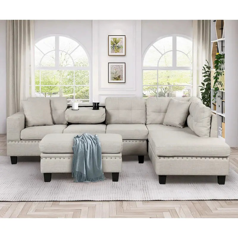Canapé sectionnel moderne en L 104.5 pouces avec pouf de rangement et méridienne réversible - 104.5L x 74.5P x 33.5H