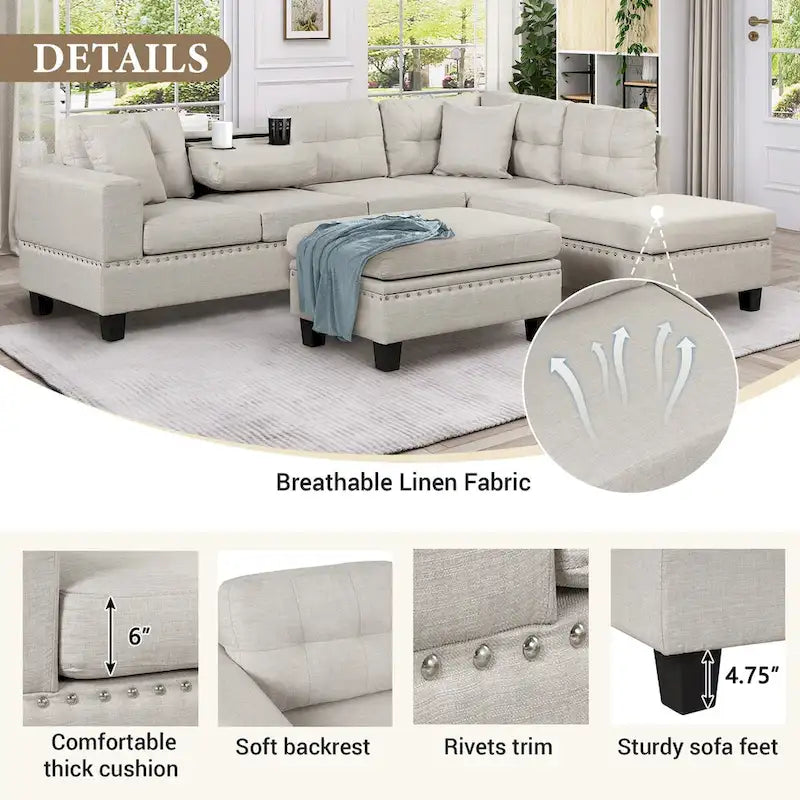 Canapé sectionnel moderne en L 104.5 pouces avec pouf de rangement et méridienne réversible - 104.5L x 74.5P x 33.5H