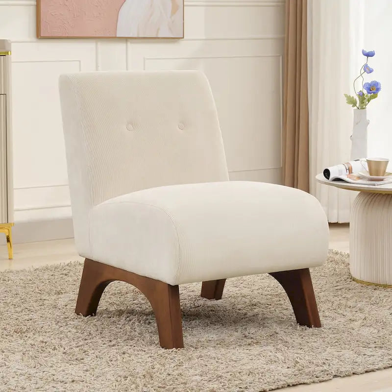 Fauteuil d'appoint sans accoudoirs en velours côtelé avec pieds en bois massif et assise rembourrée