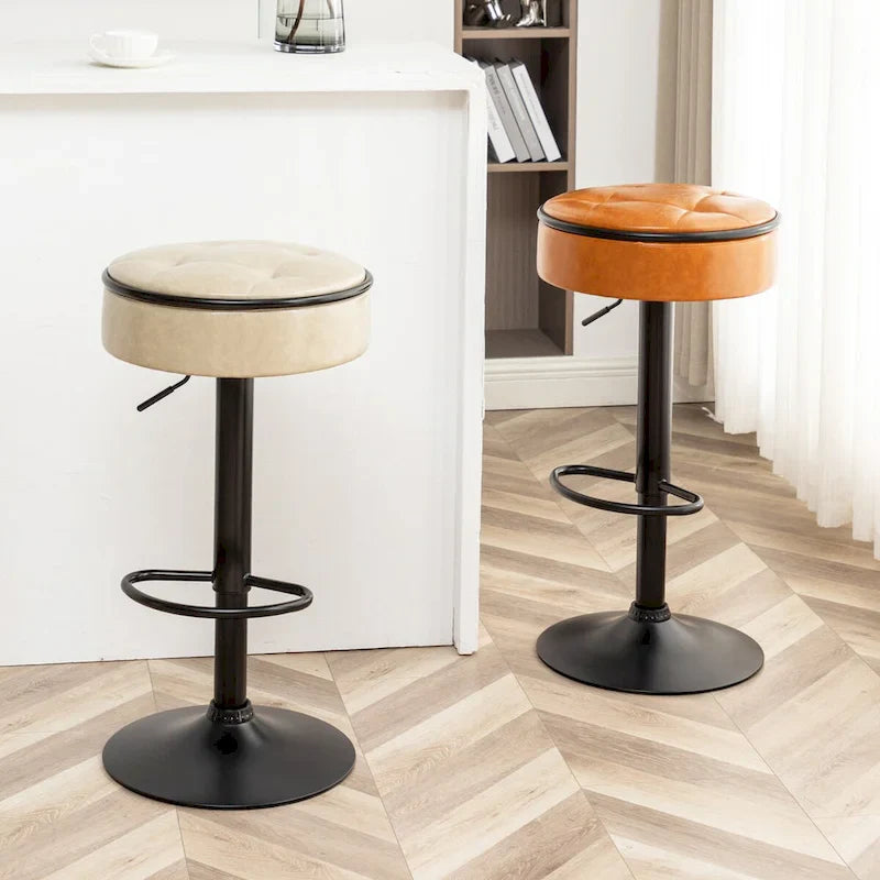 Lot de 2 tabourets de bar ronds de rangement, tabouret de bar réglable en hauteur en similicuir, tabouret pivotant à 360°, chaise de bar sans accoudoirs