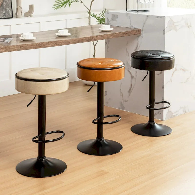 Lot de 2 tabourets de bar ronds de rangement, tabouret de bar réglable en hauteur en similicuir, tabouret pivotant à 360°, chaise de bar sans accoudoirs