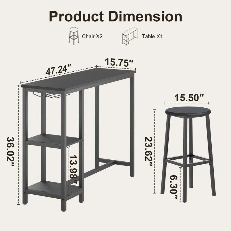 Ensemble table de bar et 2 tabourets pour coin petit-déjeuner, salle à manger, salon, cuisine, salle à manger