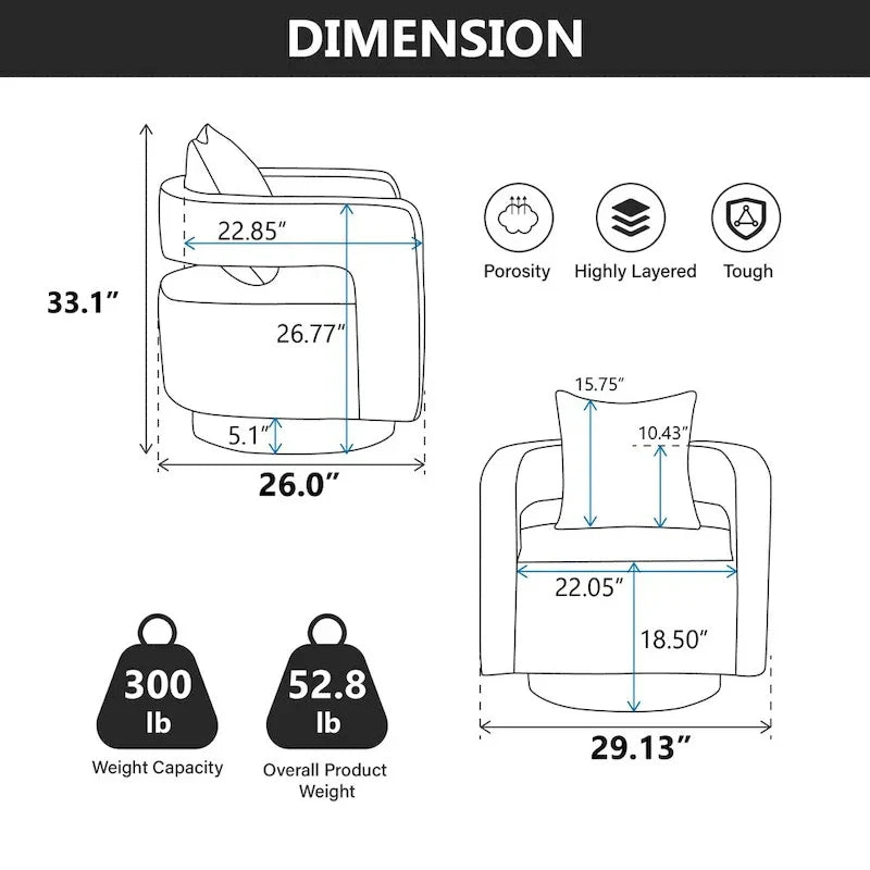 Fauteuil d'appoint pivotant à dossier ouvert 29,1 pouces de large avec base vieillie