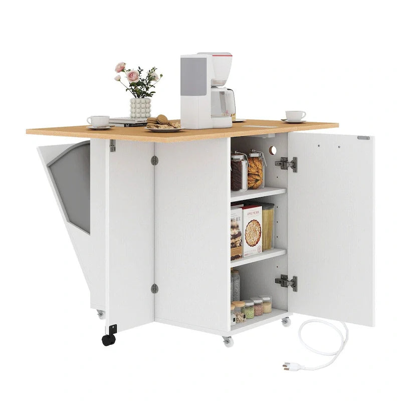 Îlot de cuisine pliable Moasis avec armoire de rangement pour poubelle et prise de courant